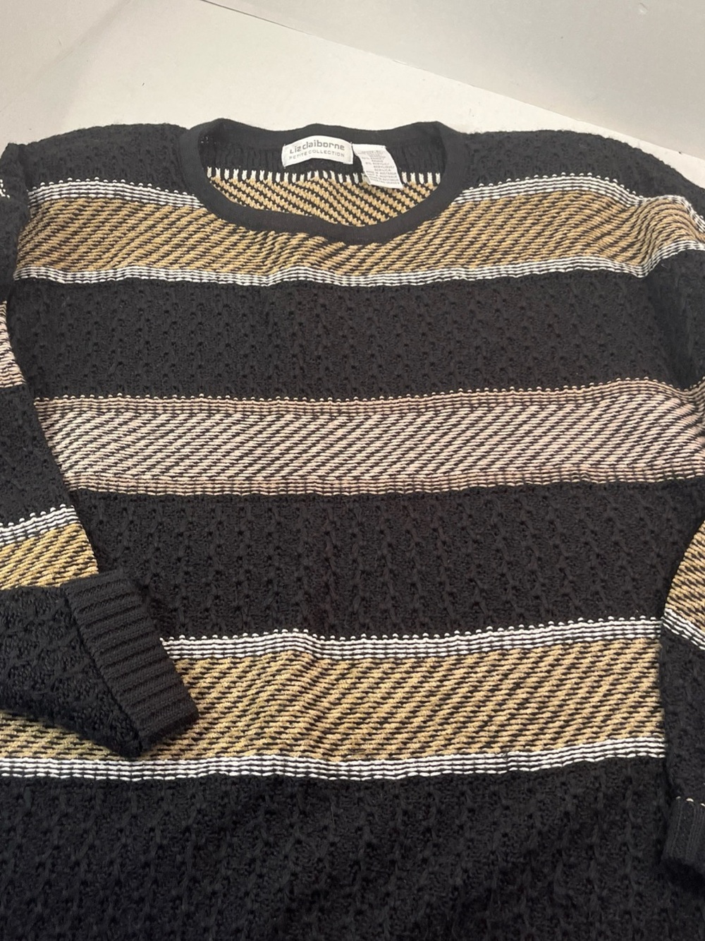 Liz Claiborne Black Crewneck Sweater with Tan and Cream Stripes